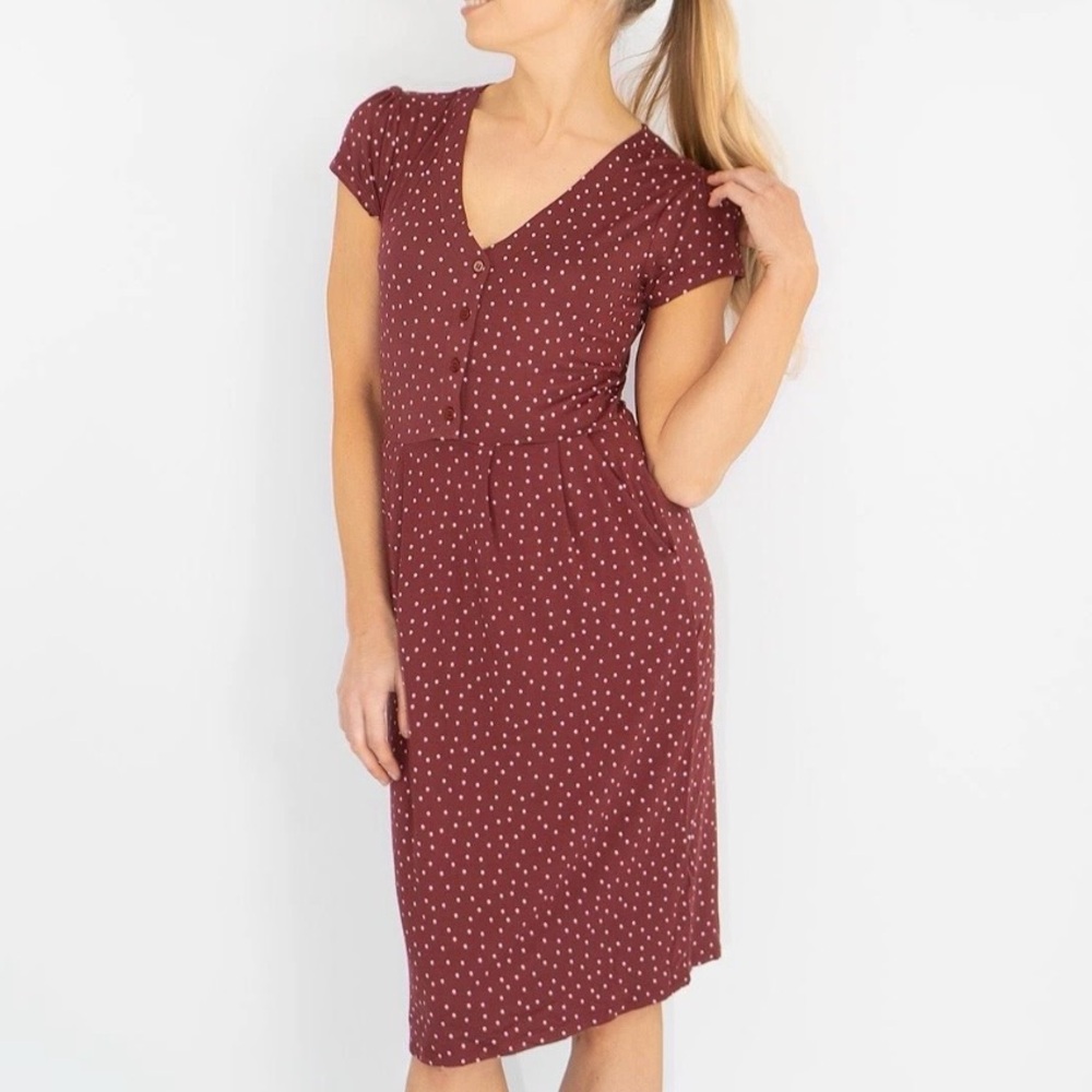 BODEN Jersey Polka Dot V‑Neck Button Accent Dress – Burgundy, Size 4